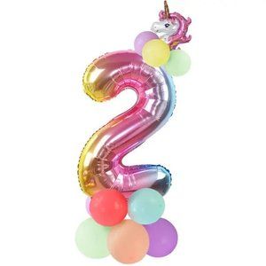 16pcs, Rainbow Unicorn Foil Number 2 Balloons 32inch  Birthday Party